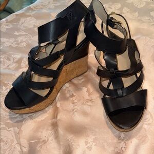 Guess Black Strappy Cork Wedges